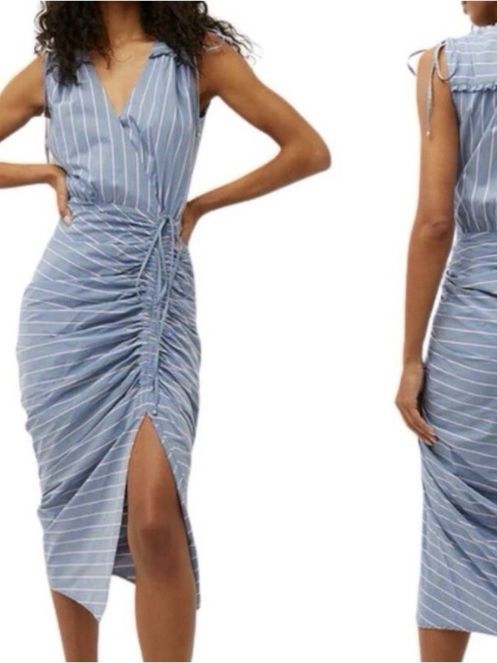Veronica Beard Teagan Stripe Ruched Midi Dress Blue Green